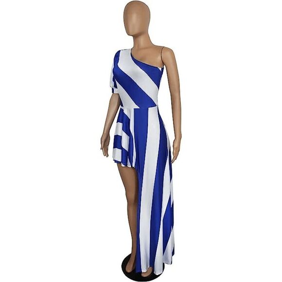 Striped One Shoulder Asymmetrical High Low Ruffle Peplum Top Tunic NEW SIZE S - Picture 4 of 16